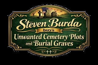 Steven Burda buys unwanted cemetery plots and burial graves vintage-style sign